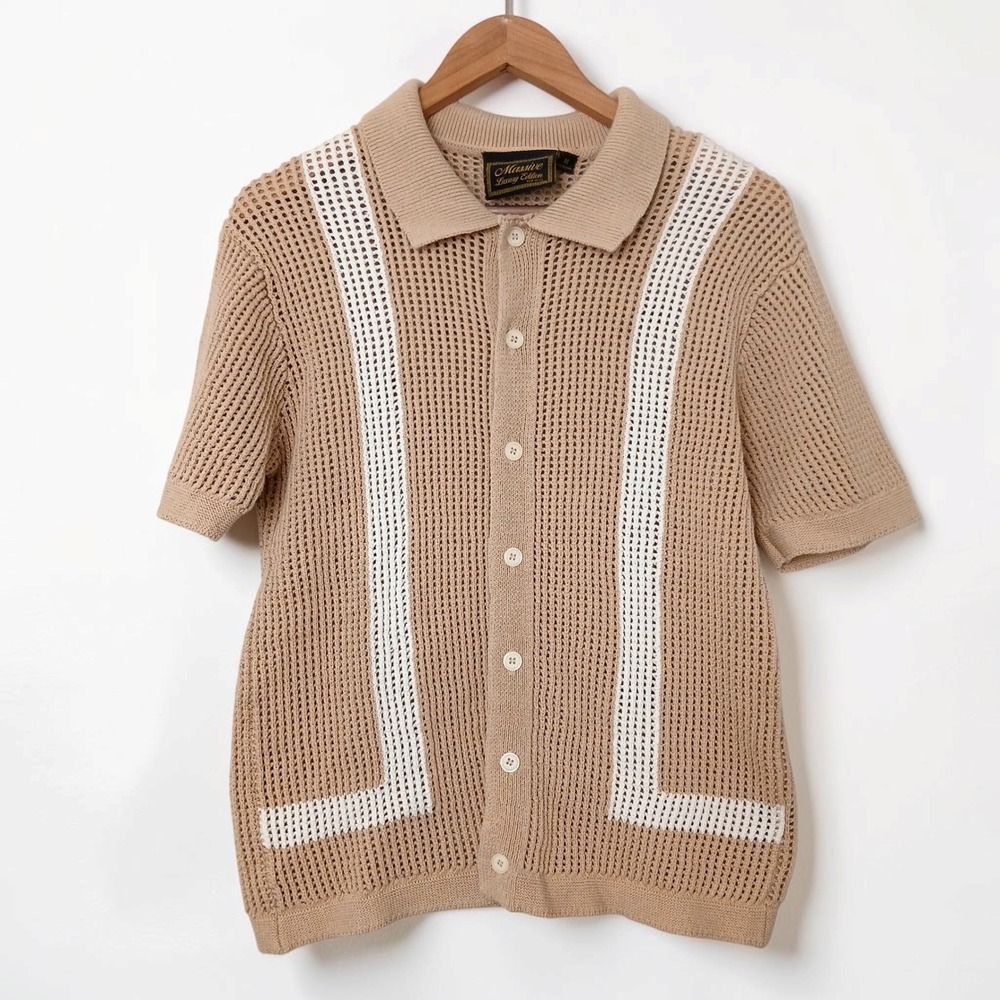 Massive Luxury Edition Mens M Crochet Knit Polo Shirt Tan White 100% Cotton